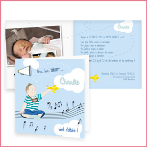 illustration faire-part de naissance, bébé, baby born, avion, musique