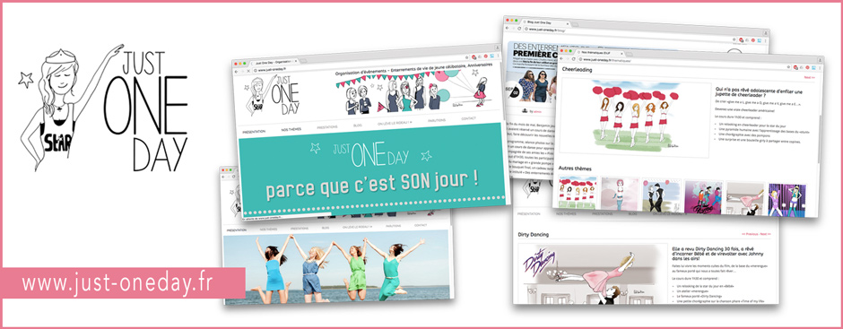 Réalisation du site just-oneday.fr, bannières, logo, créations graphiques, mise en page, website