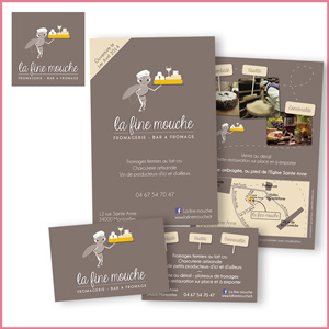 Création de l'identité visuelle La Fine Mouche, Bar à fromage, logo, cartes, flyers