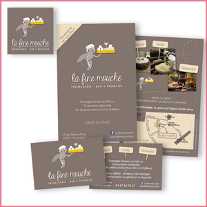 Création de l'identité visuelle La Fine Mouche, logo, flyers, cartes de visite, fromage